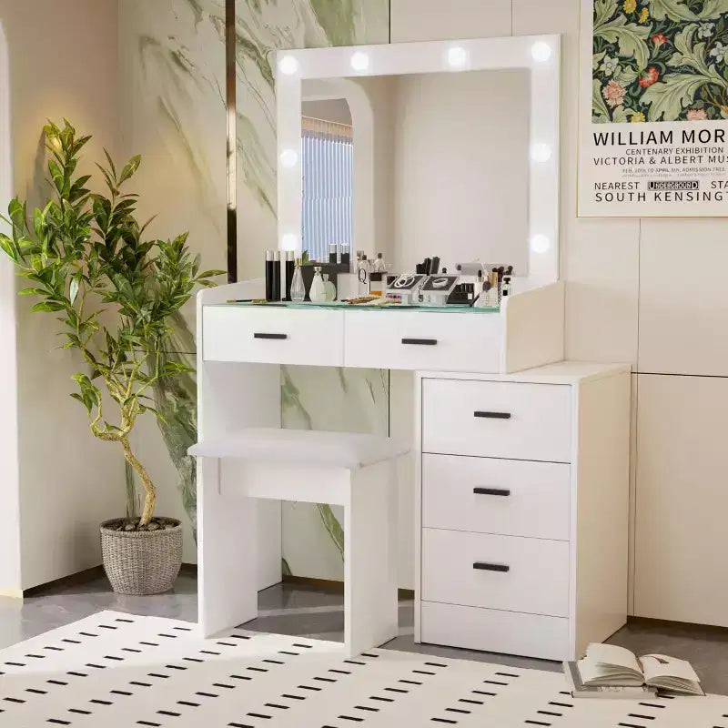 Coiffeuse avec miroir coulissant et 3 modes d'éclairage, bureau de maquillage avec tabouret et 5 tiroirs pour chambre à coucher