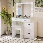 Coiffeuse avec miroir coulissant et 3 modes d'éclairage, bureau de maquillage avec tabouret et 5 tiroirs pour chambre à coucher