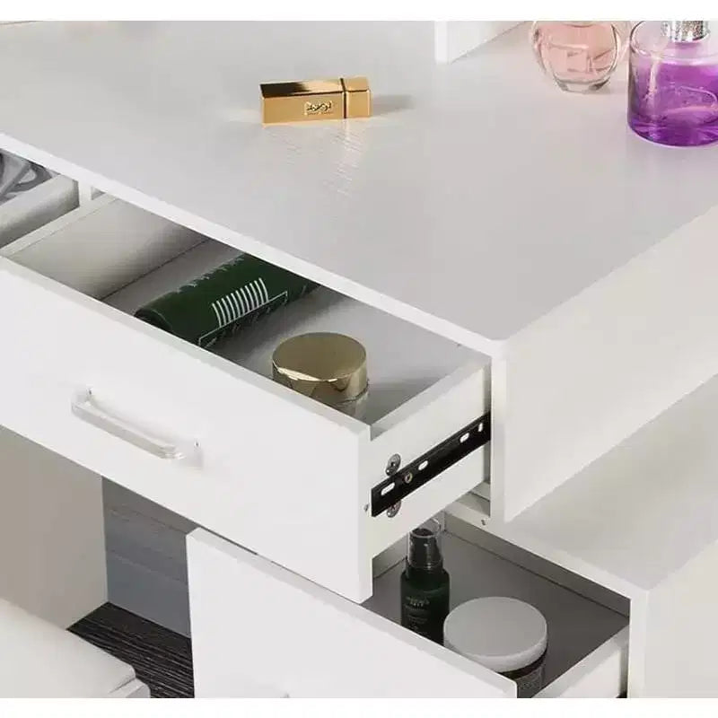 Coiffeuse avec miroir coulissant et 3 modes d'éclairage, bureau de maquillage avec tabouret et 5 tiroirs pour chambre à coucher