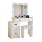 Coiffeuse avec miroir coulissant et 3 modes d'éclairage, bureau de maquillage avec tabouret et 5 tiroirs pour chambre à coucher