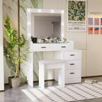 Coiffeuse avec miroir coulissant et 3 modes d'éclairage, bureau de maquillage avec tabouret et 5 tiroirs pour chambre à coucher