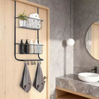 Organiseur de Douche Métallique à 2 Niveaux avec 6 Crochets et Rangement Suspendu Ajustable pour Salle de Bain, Chambre