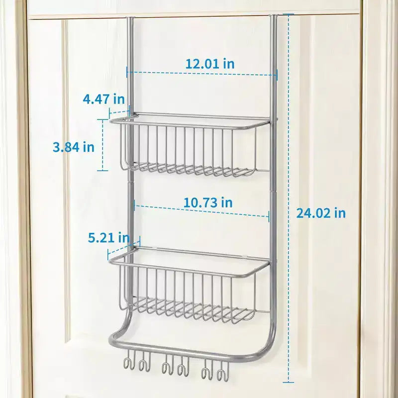 Organiseur de Douche Métallique à 2 Niveaux avec 6 Crochets et Rangement Suspendu Ajustable pour Salle de Bain, Chambre
