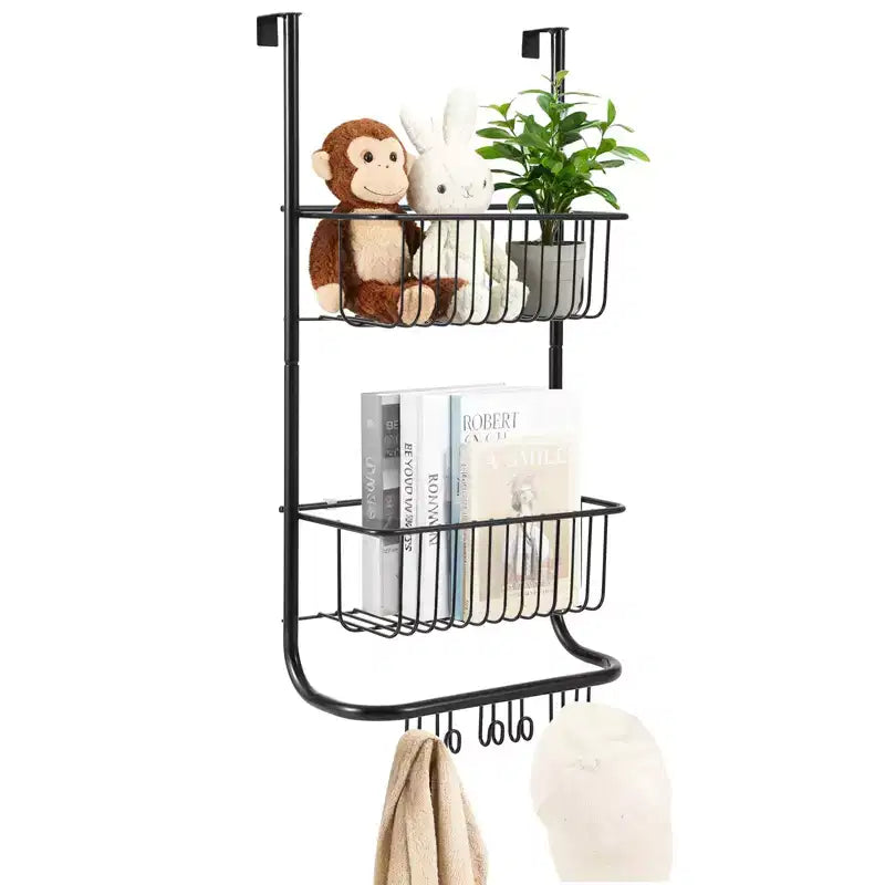 2-Tier Metal Shower Caddy with 6 Hooks and Adjustable Hanging Storage for Bathroom, Bedroom