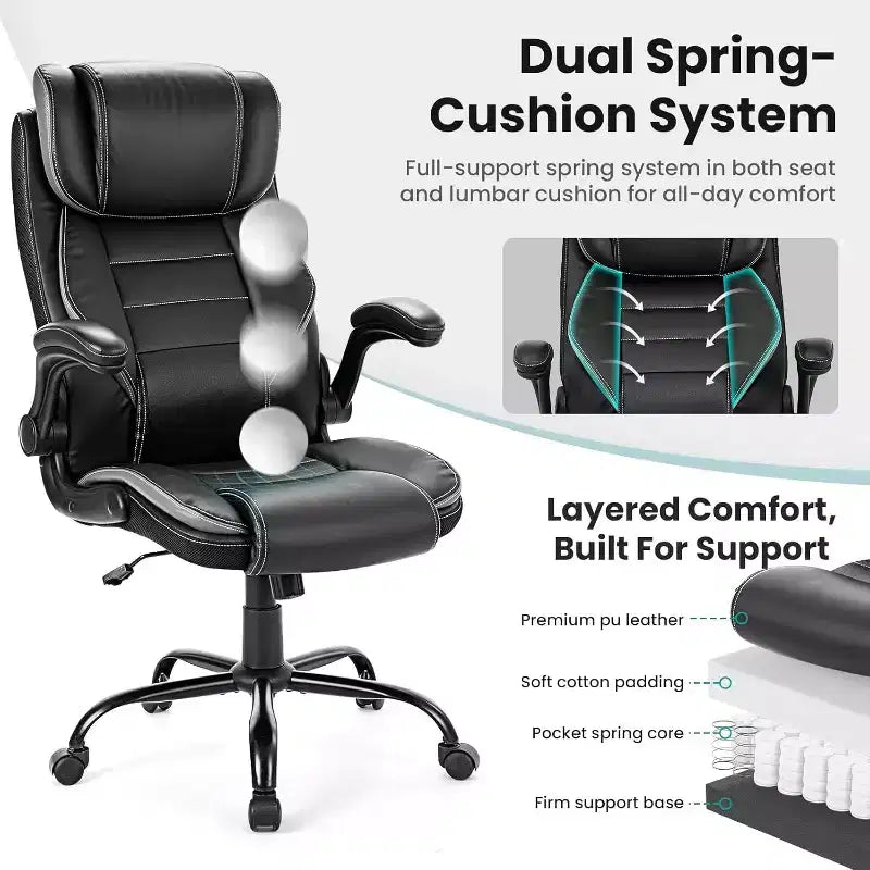 Chaise de Bureau Ergonomique avec Support Lombaire à Ressorts Ensachés - Fauteuil de Direction en Cuir, Appuie-tête Réglable, Accoudoirs Relevables, Chaise Inclinable pour Ordinateur