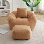 Fauteuil poire Okak en forme de coquille avec pouf, Fauteuil poire et repose-pieds en fausse fourrure, Canapé de sol surdimensionné pour adultes, Kaki