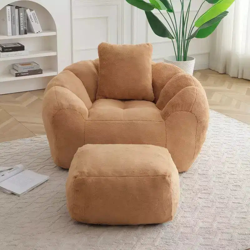 Fauteuil poire Okak en forme de coquille avec pouf, Fauteuil poire et repose-pieds en fausse fourrure, Canapé de sol surdimensionné pour adultes, Kaki