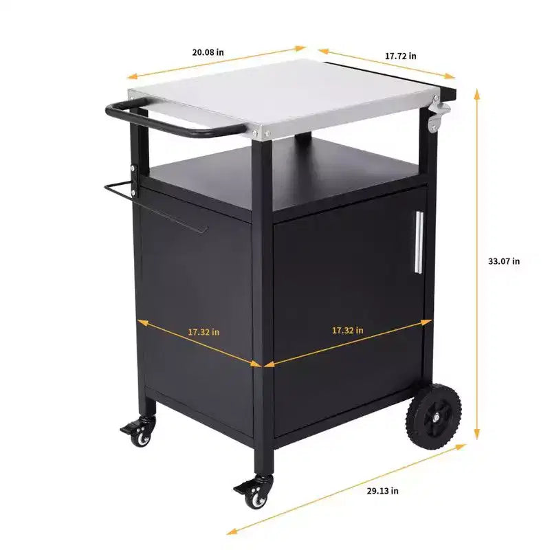 Chariot de barbecue noir à 4 roues Karl Home avec plateau en acier inoxydable, station de cuisson avec armoire à porte unique
