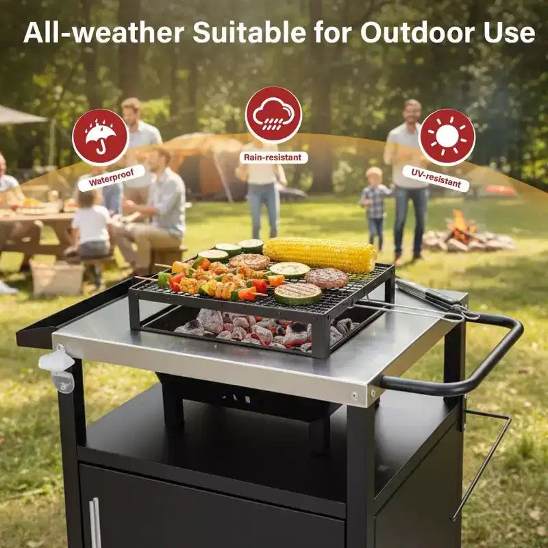 Chariot de barbecue noir à 4 roues Karl Home avec plateau en acier inoxydable, station de cuisson avec armoire à porte unique