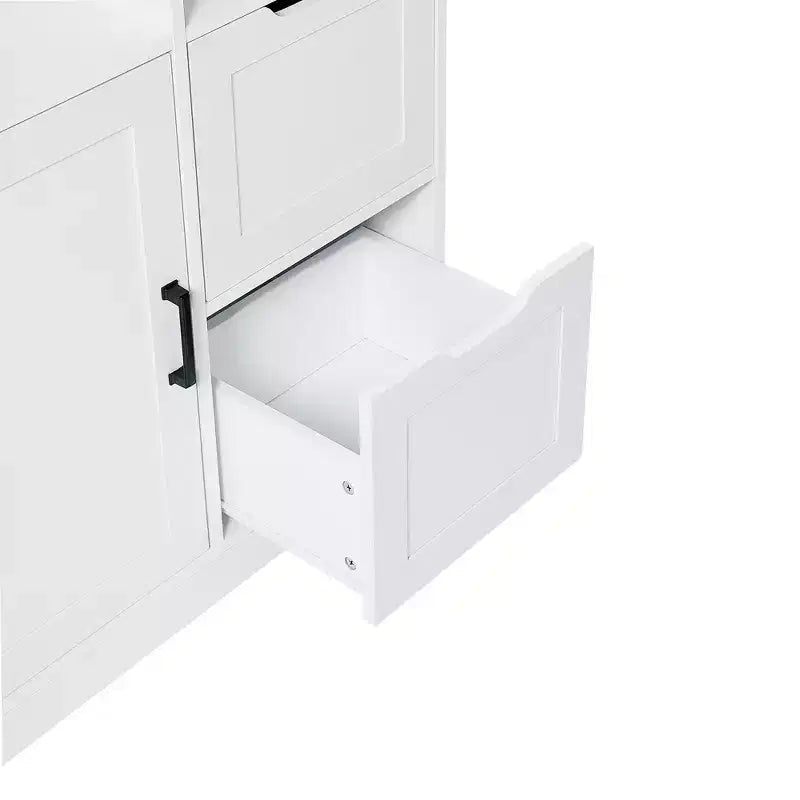 Meuble de rangement de salle de bain autoportant moderne en bois Walter de GDFStudio avec tiroirs, étagères ouvertes et armoire fermée