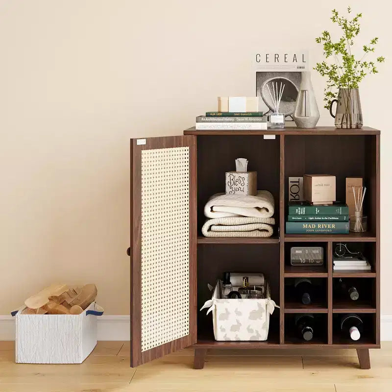 JVNOXK Buffet de rangement de 34 pouces avec casier à vin, plusieurs compartiments de rangement, pour meubles de salon, noyer
