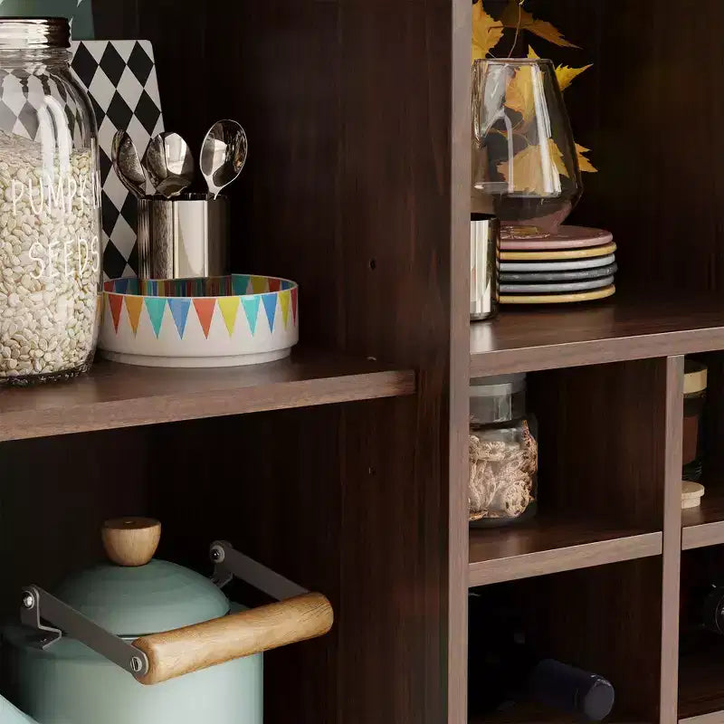 JVNOXK Buffet de rangement de 34 pouces avec casier à vin, plusieurs compartiments de rangement, pour meubles de salon, noyer