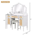 JVNOXK Coiffeuse 44,37 pouces avec miroir triple pliable, 13 ampoules Hollywood et 3 modes d'éclairage, grande station de charge avec 5 tiroirs et étagères, blanche