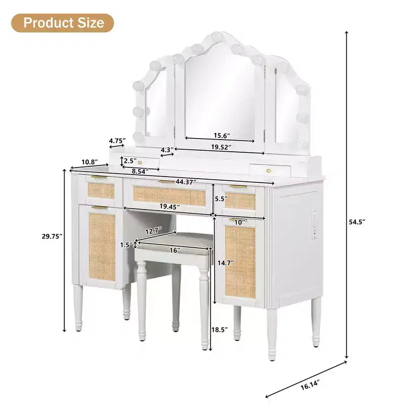 JVNOXK Coiffeuse 44,37 pouces avec miroir triple pliable, 13 ampoules Hollywood et 3 modes d'éclairage, grande station de charge avec 5 tiroirs et étagères, blanche