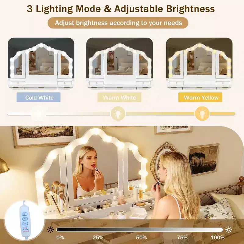 JVNOXK Coiffeuse 44,37 pouces avec miroir triple pliable, 13 ampoules Hollywood et 3 modes d'éclairage, grande station de charge avec 5 tiroirs et étagères, blanche