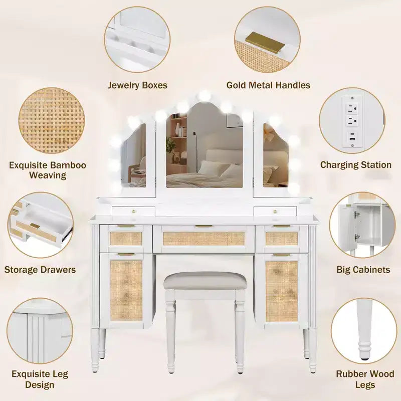 JVNOXK Coiffeuse 44,37 pouces avec miroir triple pliable, 13 ampoules Hollywood et 3 modes d'éclairage, grande station de charge avec 5 tiroirs et étagères, blanche