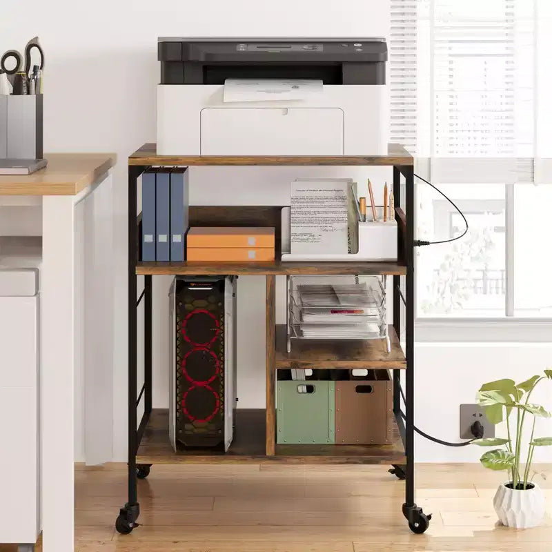 Support d'imprimante mobile à 3 niveaux avec station de charge et étagère de rangement – Organisateur de bureau roulant pour la maison, la cuisine, le salon