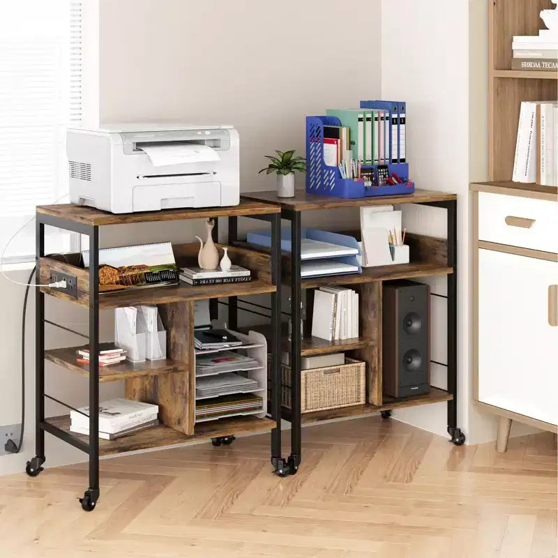 Support d'imprimante mobile à 3 niveaux avec station de charge et étagère de rangement – Organisateur de bureau roulant pour la maison, la cuisine, le salon