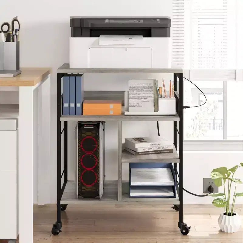 Support d'imprimante mobile à 3 niveaux avec station de charge et étagère de rangement – Organisateur de bureau roulant pour la maison, la cuisine, le salon