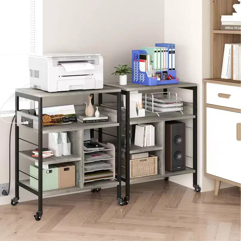 Support d'imprimante mobile à 3 niveaux avec station de charge et étagère de rangement – Organisateur de bureau roulant pour la maison, la cuisine, le salon