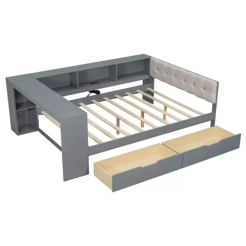 Lit plateforme double Clihome en bois avec étagères de rangement, tiroirs, station de recharge et tête de lit rembourrée