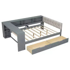 Lit plateforme double Clihome en bois avec étagères de rangement, tiroirs, station de recharge et tête de lit rembourrée