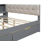Lit plateforme double Clihome en bois avec étagères de rangement, tiroirs, station de recharge et tête de lit rembourrée