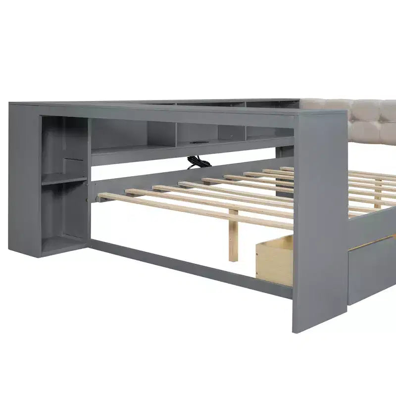 Lit plateforme double Clihome en bois avec étagères de rangement, tiroirs, station de recharge et tête de lit rembourrée