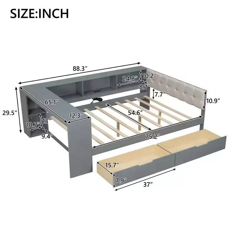 Lit plateforme double Clihome en bois avec étagères de rangement, tiroirs, station de recharge et tête de lit rembourrée