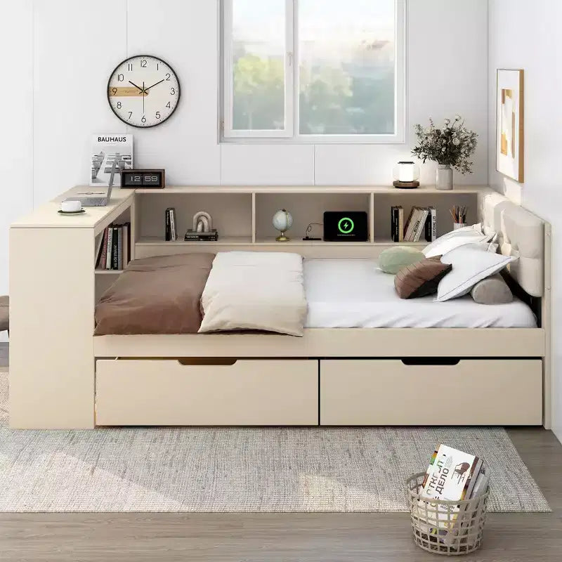 Lit plateforme double Clihome en bois avec étagères de rangement, tiroirs, station de recharge et tête de lit rembourrée