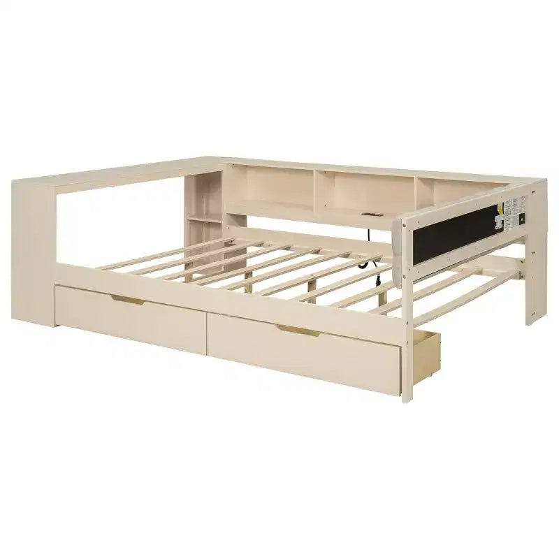 Lit plateforme double Clihome en bois avec étagères de rangement, tiroirs, station de recharge et tête de lit rembourrée