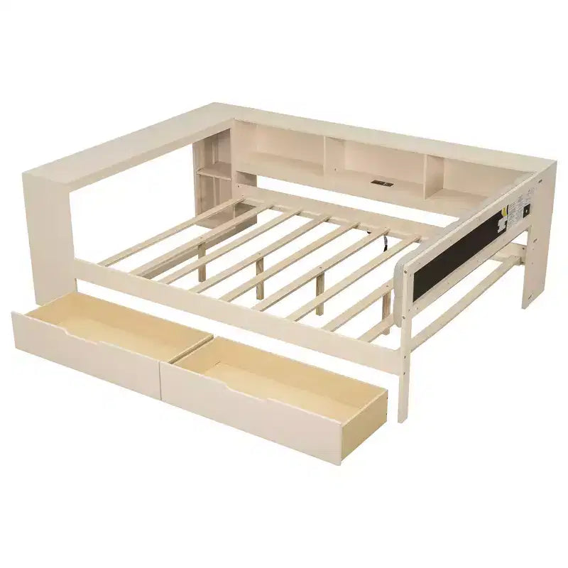 Lit plateforme double Clihome en bois avec étagères de rangement, tiroirs, station de recharge et tête de lit rembourrée