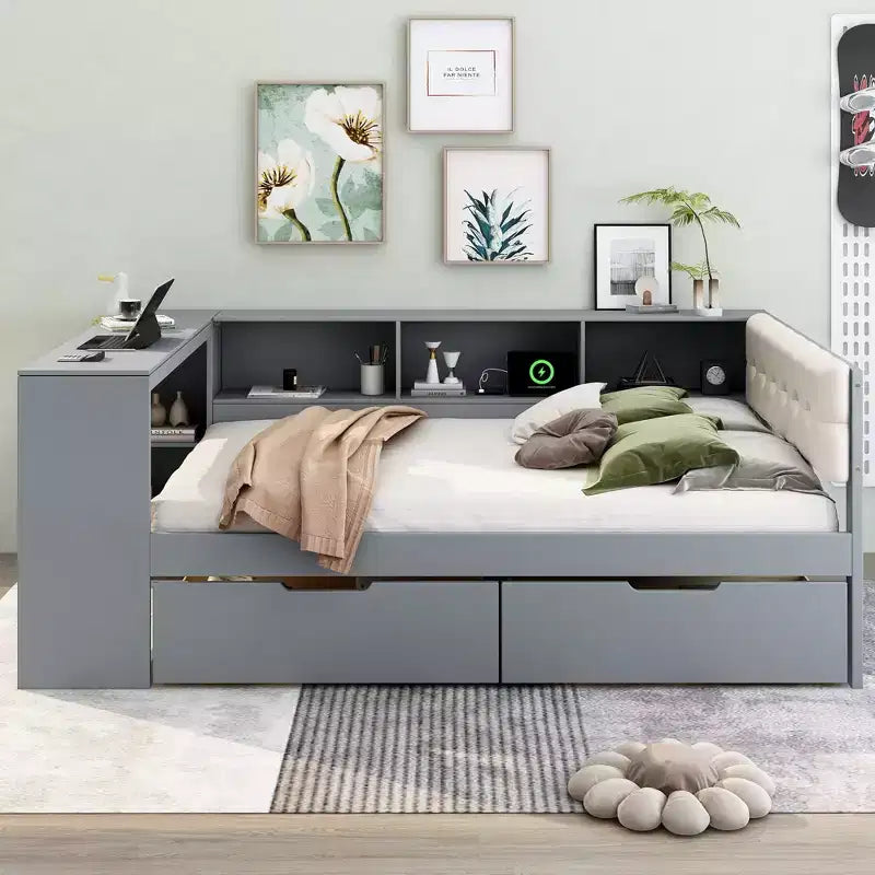 Lit plateforme double Clihome en bois avec étagères de rangement, tiroirs, station de recharge et tête de lit rembourrée
