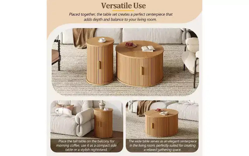 TUYOHW Ensemble de 2 tables basses à grain de bois, Table basse de rangement à porte tambour cannelée, Table d'appoint ronde cannelée, Table d'appoint haute et basse avec finition bois