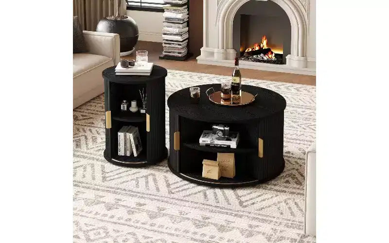TUYOHW Ensemble de 2 tables basses à grain de bois, Table basse de rangement à porte tambour cannelée, Table d'appoint ronde cannelée, Table d'appoint haute et basse avec finition bois