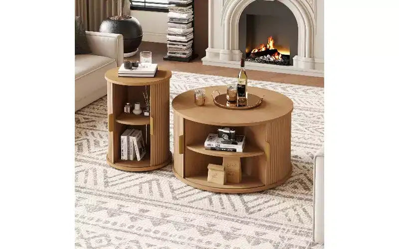 TUYOHW 2-Piece Wood-Grain Coffee Table Set, Fluted Tambour Door Storage Center Table, Round Fluted End Table,Tall & Low Side Table with Wooden Finish