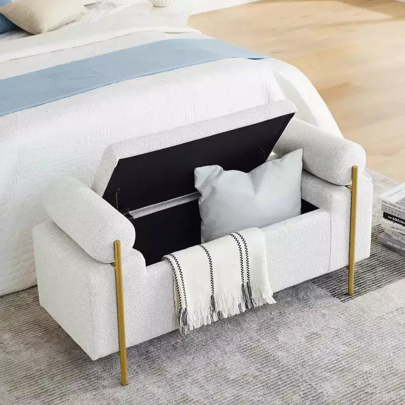 Banc de rangement élégant MAYEERTY rembourré, avec accoudoirs cylindriques et pieds en fer, pour couloir, salon, chambre, blanc