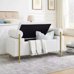 Banc de rangement élégant MAYEERTY rembourré, avec accoudoirs cylindriques et pieds en fer, pour couloir, salon, chambre, blanc