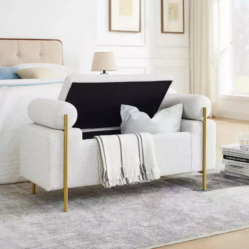 Banc de rangement élégant MAYEERTY rembourré, avec accoudoirs cylindriques et pieds en fer, pour couloir, salon, chambre, blanc