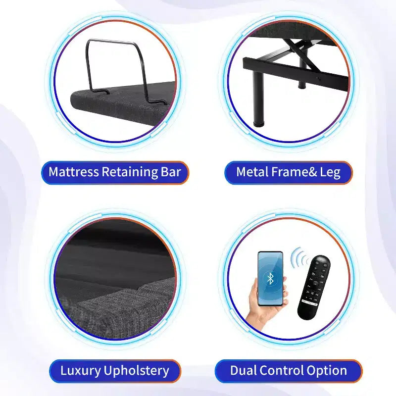 Sommier articulé Dyonery, cadre de lit réglable avec inclinaison d'oreiller, contrôle via application intelligente, massage, position zéro gravité, anti-ronflement, ports USB