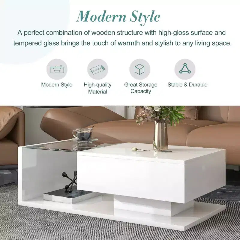 Table basse moderne avec tiroir, table d'appoint carrée pour canapé, table basse en bois avec étagères de rangement pour salon, bureau