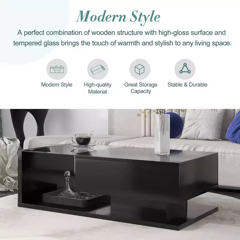 Table basse moderne avec tiroir, table d'appoint carrée pour canapé, table basse en bois avec étagères de rangement pour salon, bureau