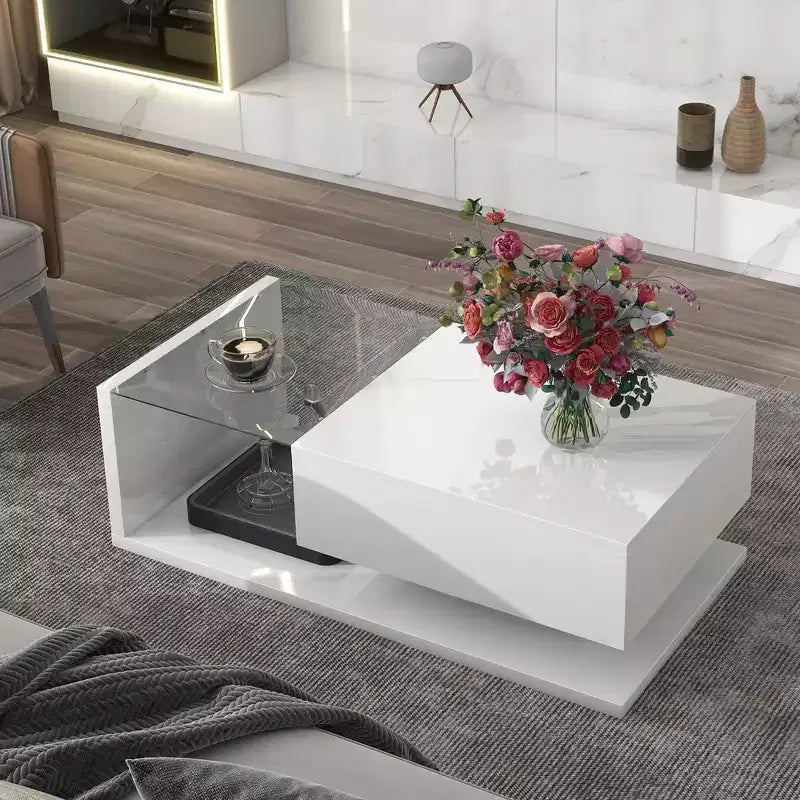 Modern Coffee Table with Drawer,Square Accent Center Sofa Table, Wooden Cocktail Tea Table with Storage Shelves for Living Room, Office
