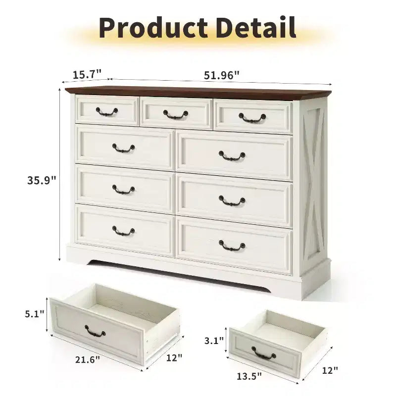 Commode de chambre Dyonery Farmhouse à 9 tiroirs, 132 cm de large, dessus en bois, organisateur de rangement pour chambre à coucher, salon, entrée