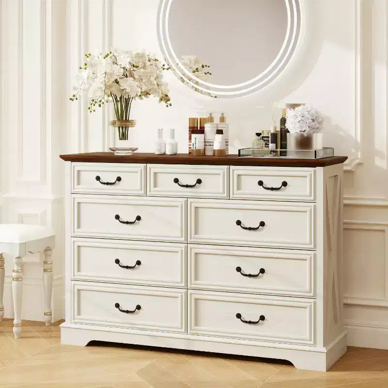 Commode de chambre Dyonery Farmhouse à 9 tiroirs, 132 cm de large, dessus en bois, organisateur de rangement pour chambre à coucher, salon, entrée
