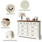 Commode de chambre Dyonery Farmhouse à 9 tiroirs, 132 cm de large, dessus en bois, organisateur de rangement pour chambre à coucher, salon, entrée