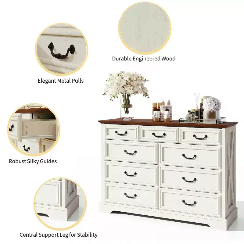 Commode de chambre Dyonery Farmhouse à 9 tiroirs, 132 cm de large, dessus en bois, organisateur de rangement pour chambre à coucher, salon, entrée