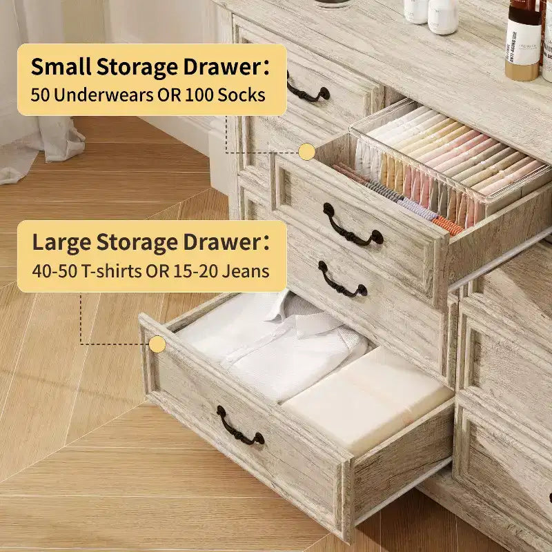 Commode de chambre Dyonery Farmhouse à 9 tiroirs, 132 cm de large, dessus en bois, organisateur de rangement pour chambre à coucher, salon, entrée