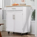 Chariot d'îlot de cuisine FAMYYT en bois d'hévéa massif blanc de 45,2 cm avec armoire à 2 portes et tiroirs