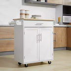 Chariot d'îlot de cuisine FAMYYT en bois d'hévéa massif blanc de 45,2 cm avec armoire à 2 portes et tiroirs